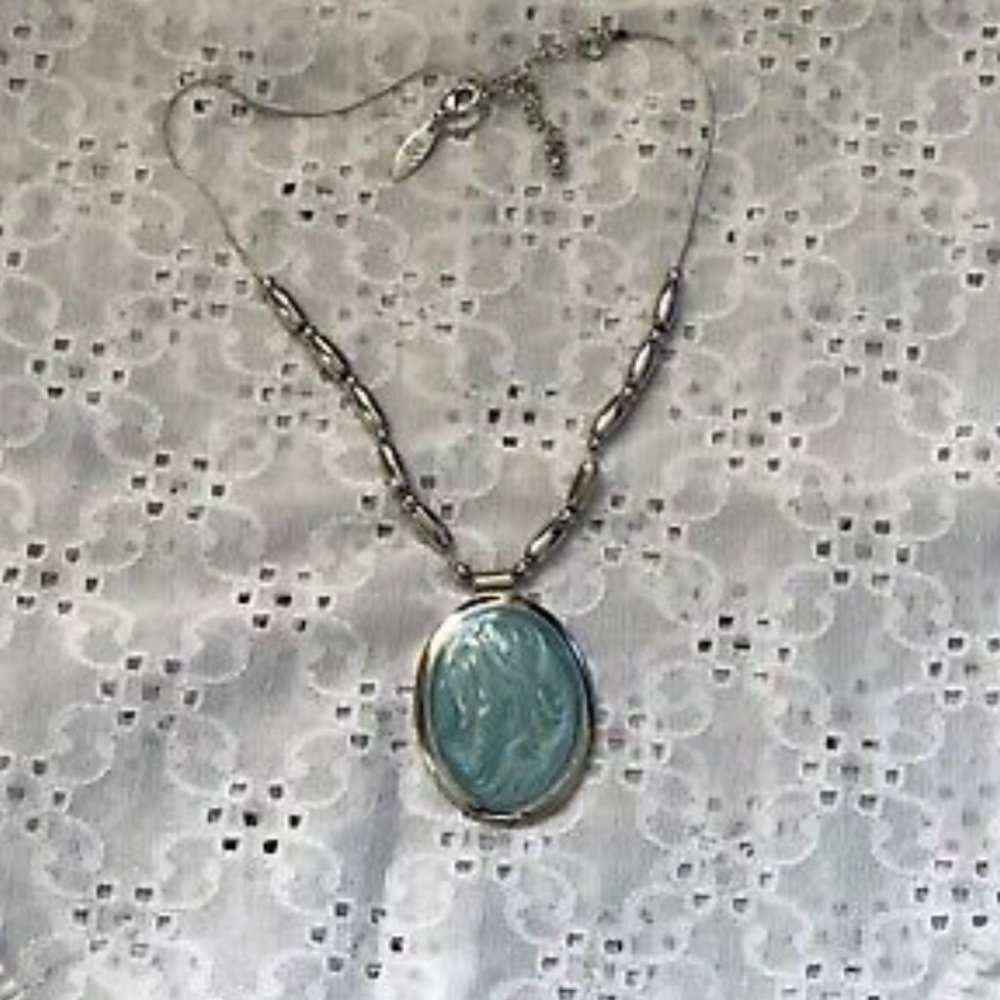 Fantastic Beaded & Blue Enamel Pendant Necklace Signed NY
